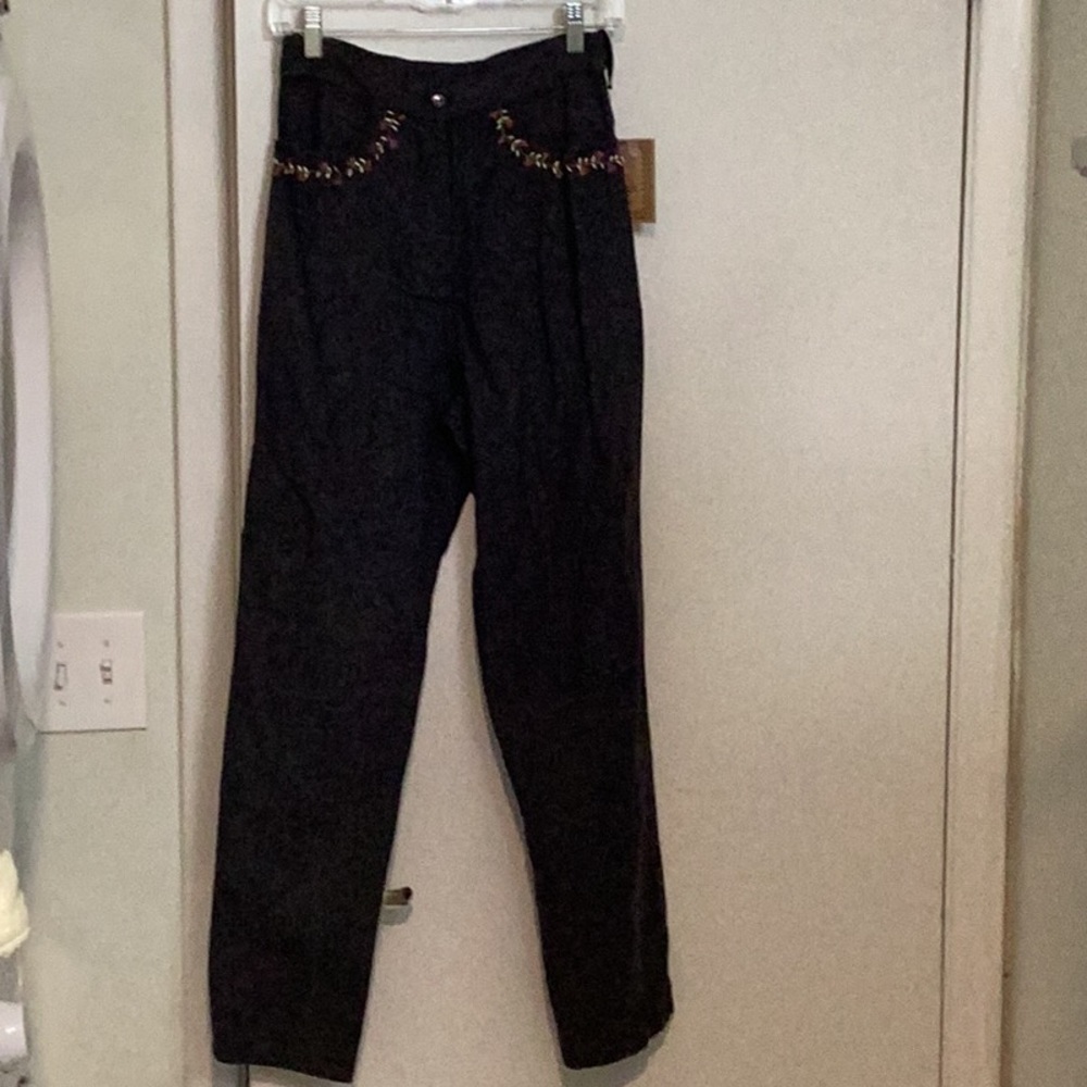 Kar-A-Van cotton pants, dark gray with floral embroidery around front pockets.